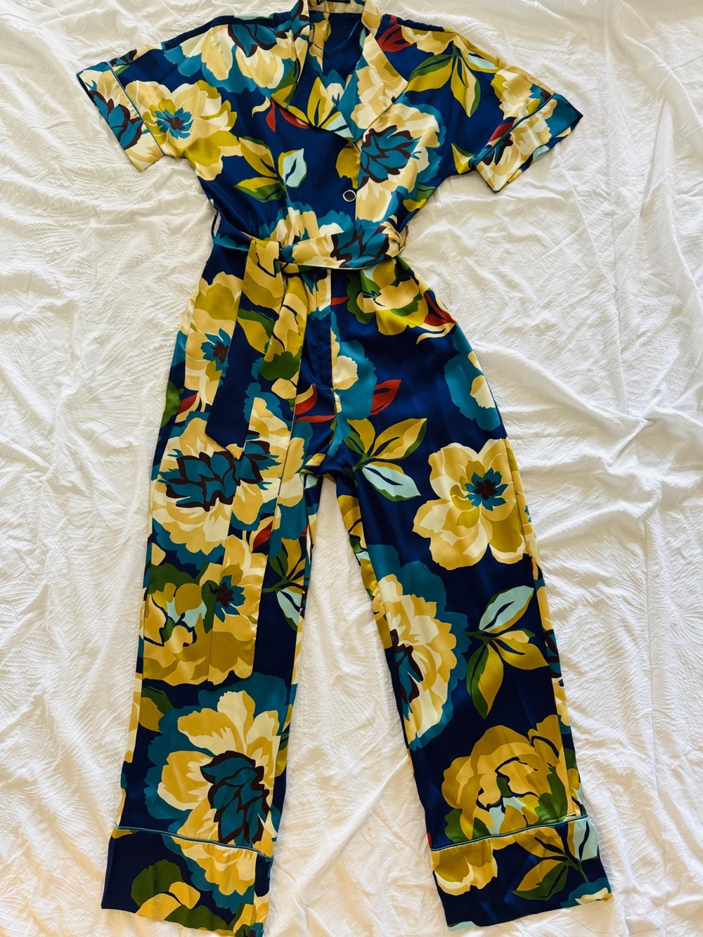 Zara Navy Floral Tie-Waist Jumpsuit with Yellow and Teal Accents